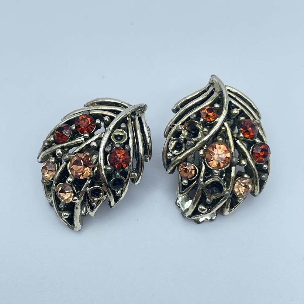 Vintage 90s Rhinestone Silver Tone Leaf Earrings Women's Classic Jewelry